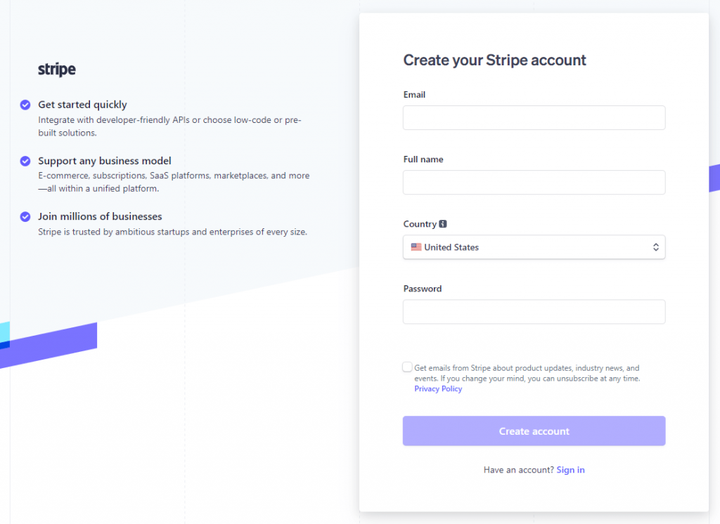 account creation form on stripe website