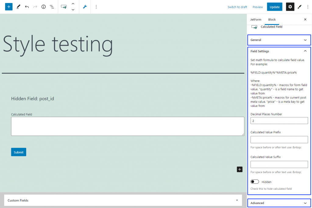 calculated form field detailed settings