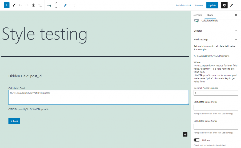 calculated form field results customizing