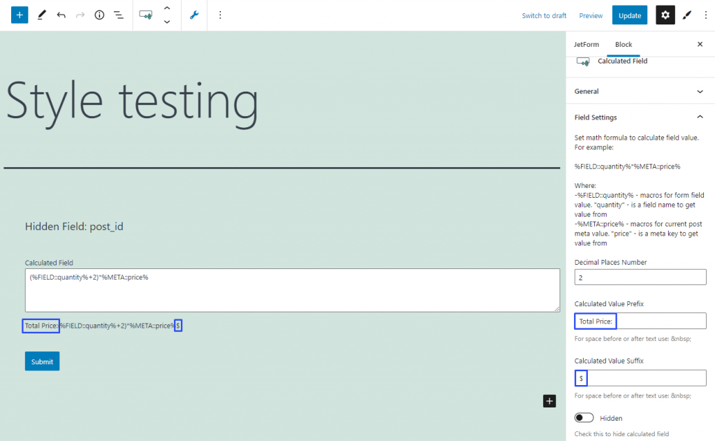 making calculated form field hidden