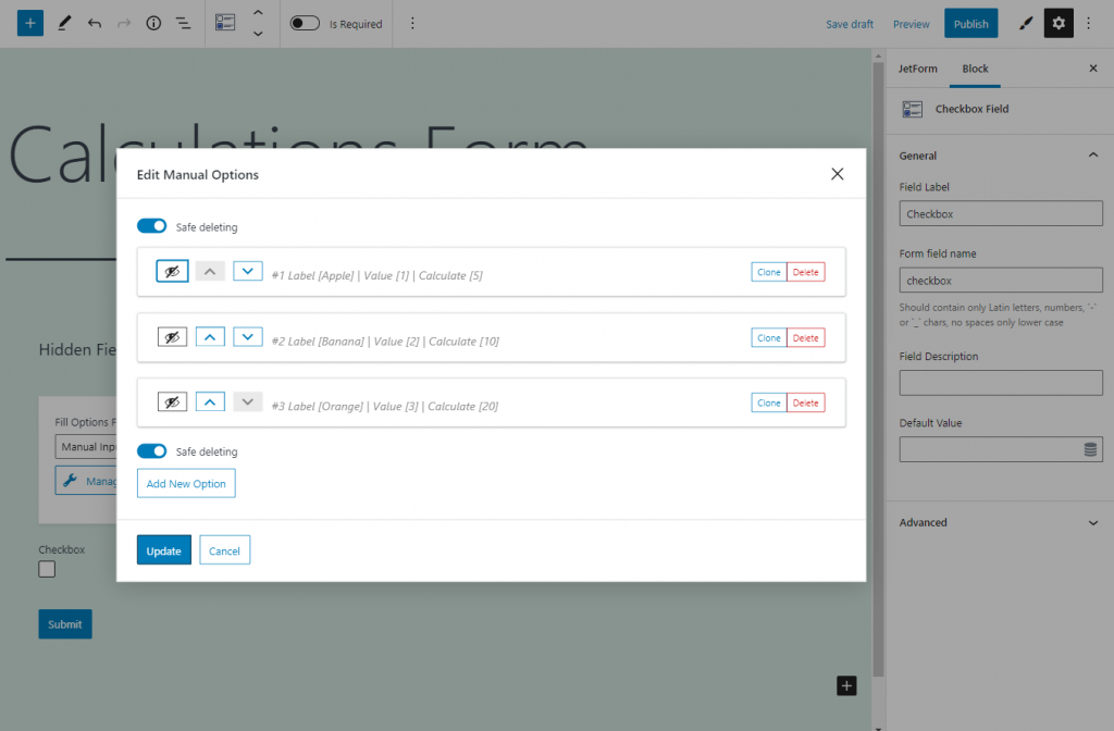 editing options for checkbox and calculated fields