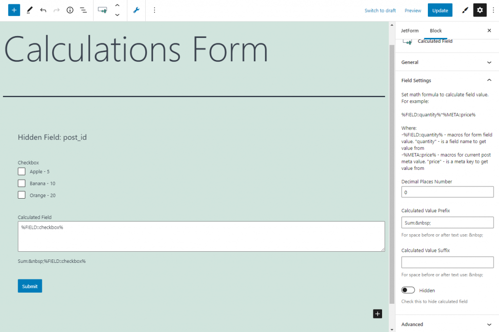 calculated checkbox form look on the frontend