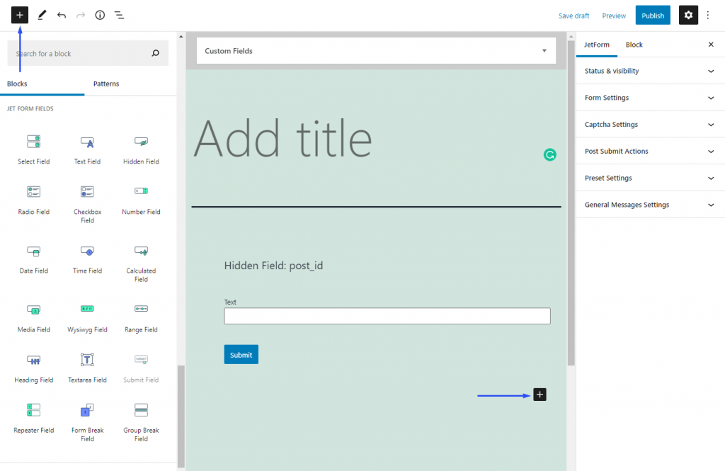 adding fields from JetForm Fields section in Gutenberg