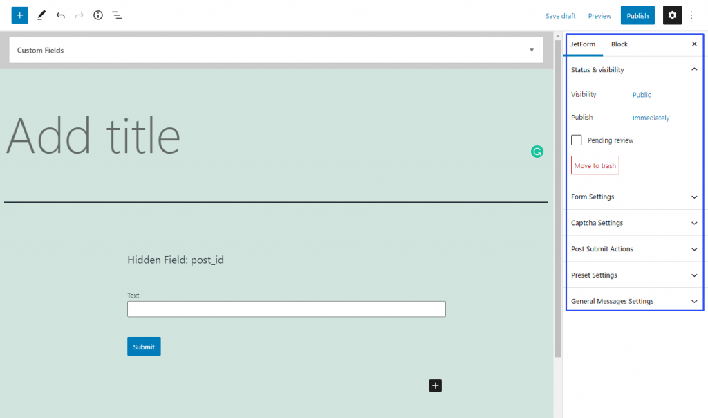 JetForm Gutenberg settings