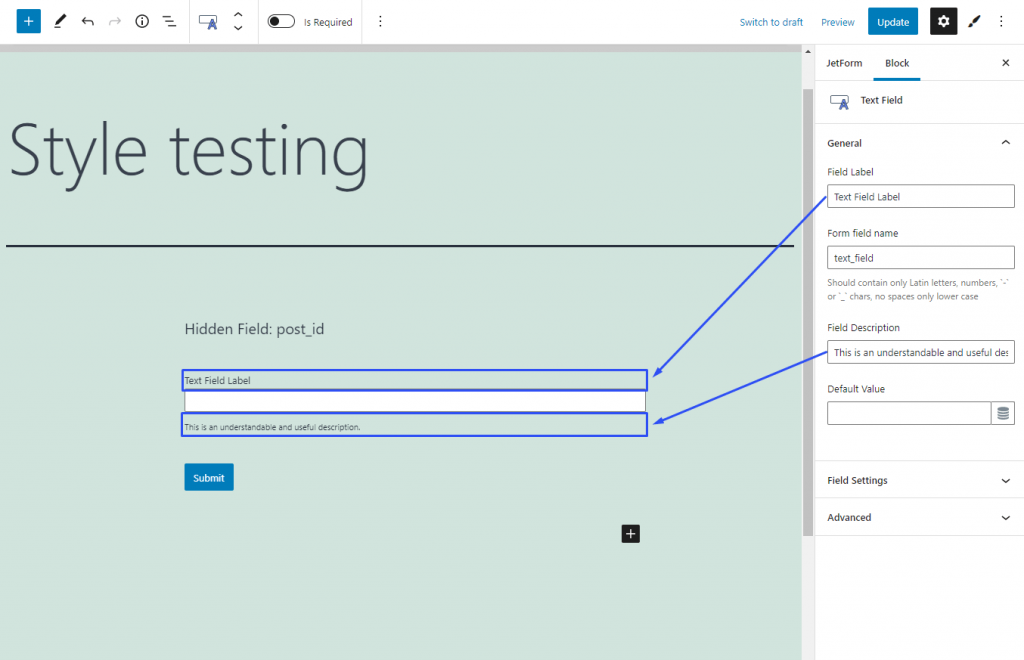 defining text field label and field description