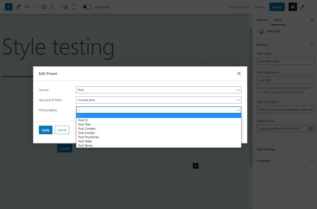 setting the post property for preset