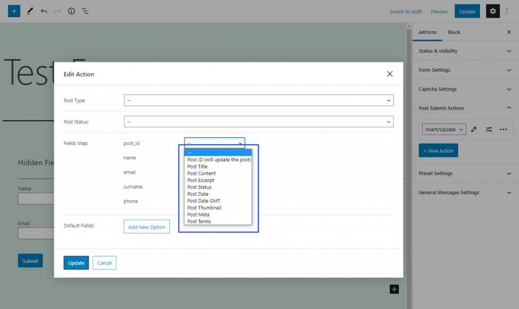 filling out the fields map for insert/update post action