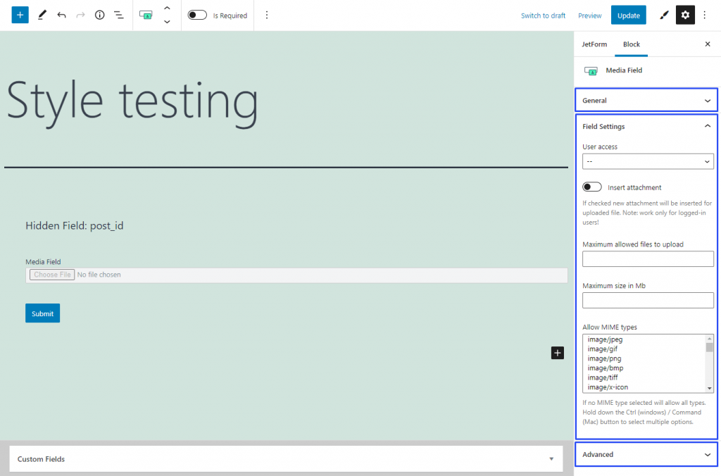 media form field settings