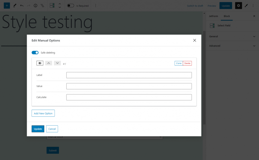 separate tab for editing manual options