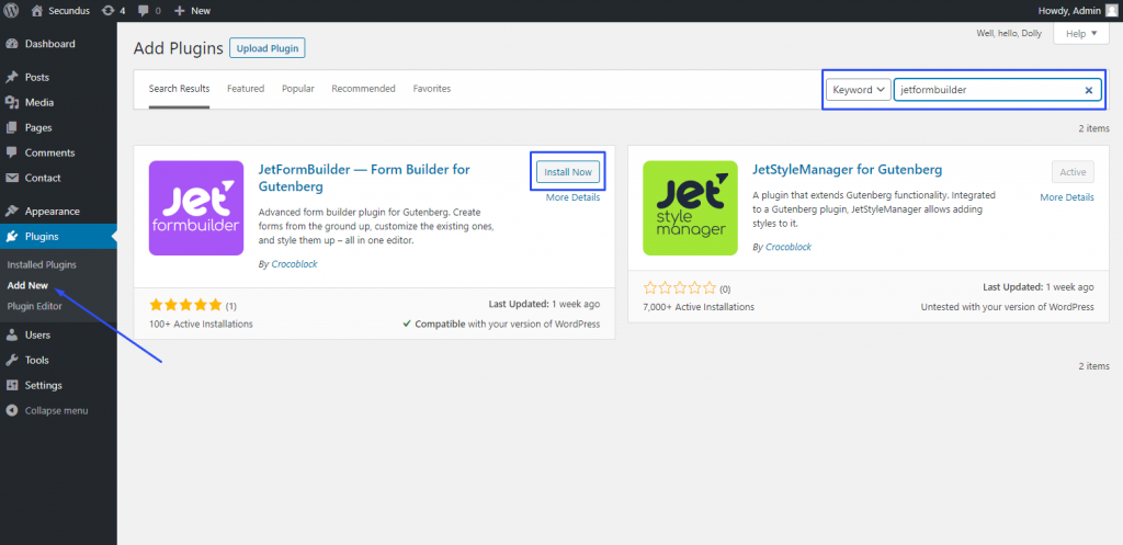 installing JetFormBuilder from the plugins dashboard