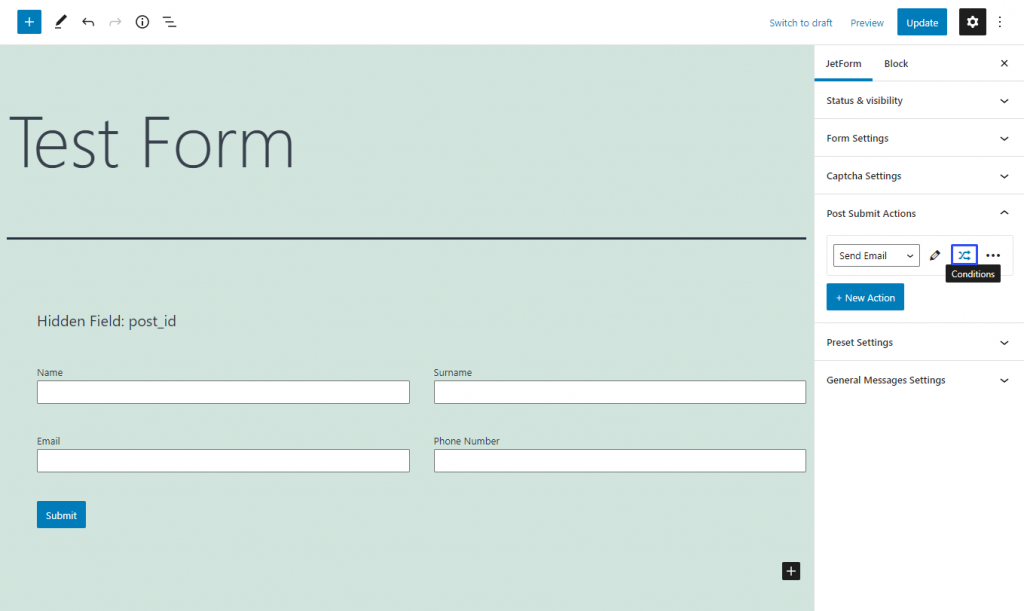 configuring conditions for post-submit action