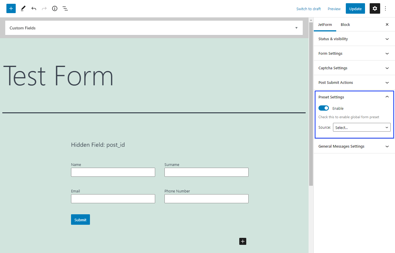 Preset Settings FormBuilder