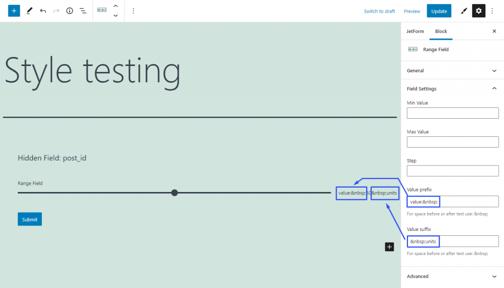 range form field value prefix and suffix