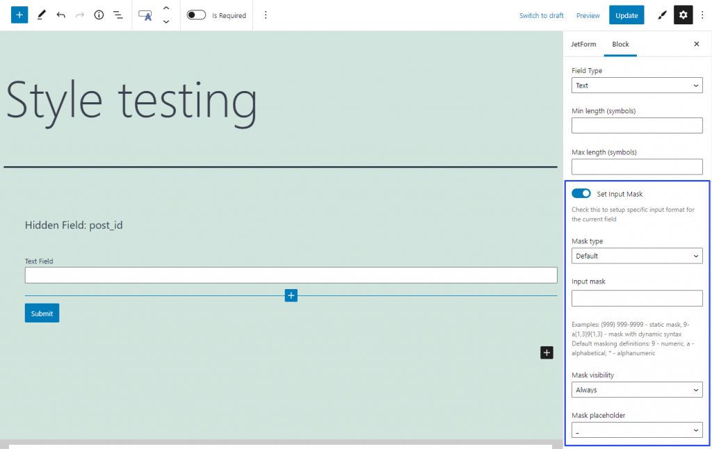text form field input mask settings