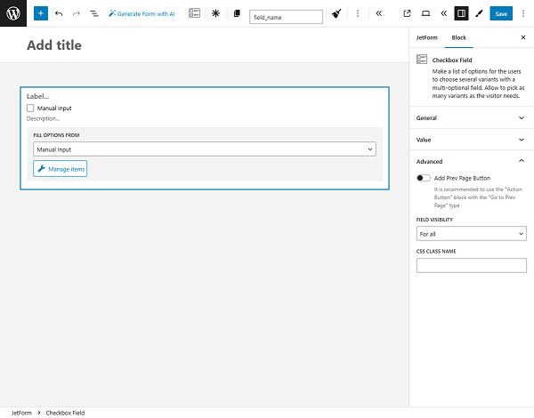checkbox field advanced settings