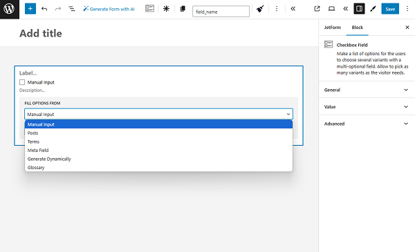 checkbox field source settings