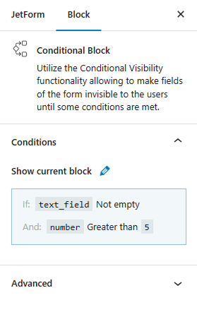 conditional block conditions set