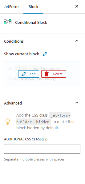 conditional block settings with the edit and delete button
