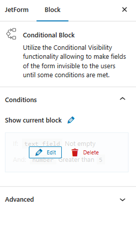 conditional block settings with the edit and delete buttons