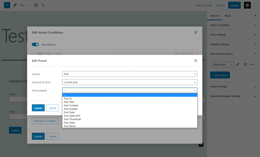 defining operator for post-submit action conditions