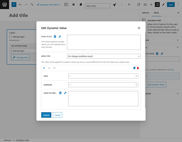 edit dynamic value pop-up for checkbox field