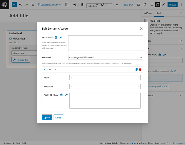 edit dynamic value pop-up for radio field