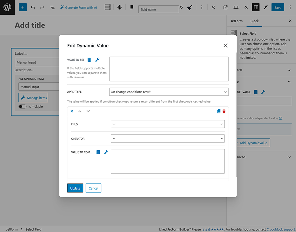 edit dynamic value pop-up for select field