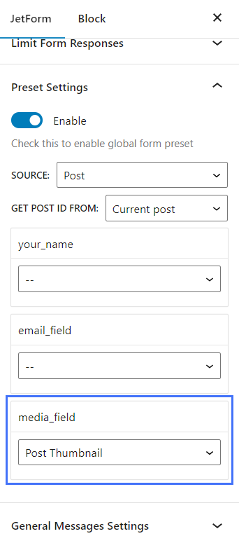 form preset settings