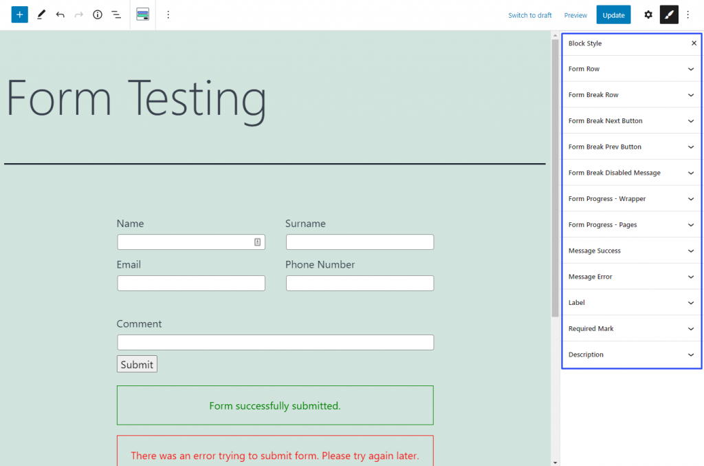 WordPress form block style settings