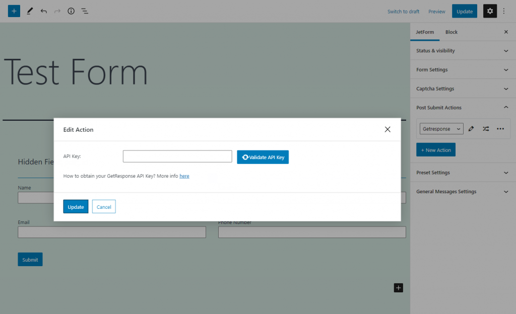 configuring getresponse through the api key