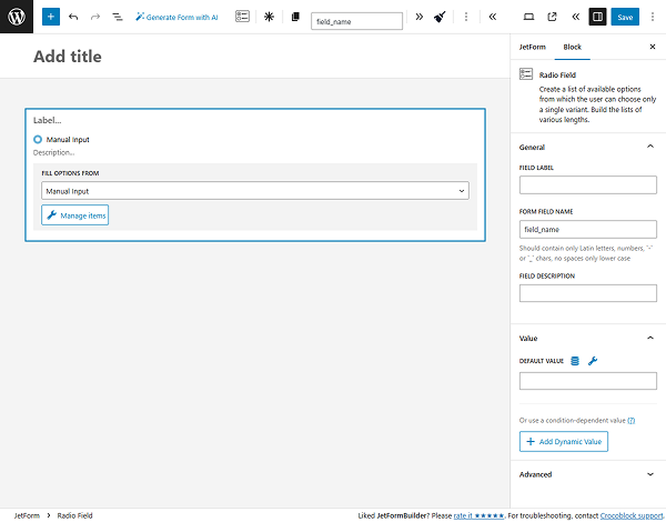 jetformbuilder radio field settings