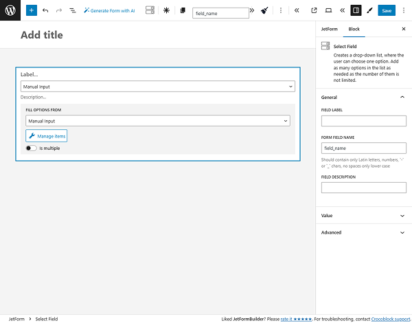 jetformbuilder select field settings