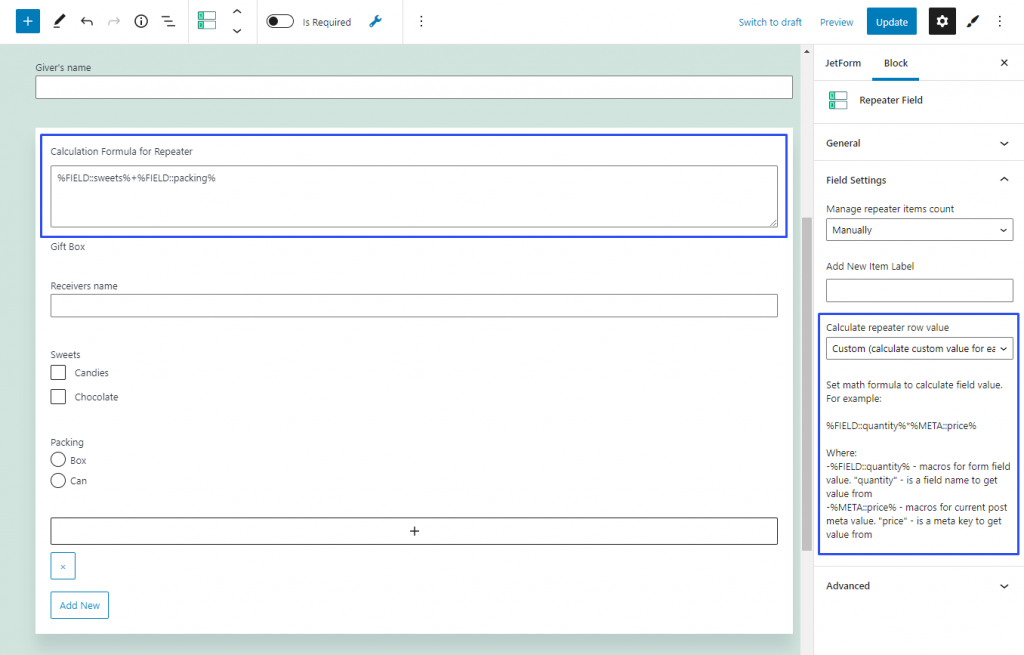 configuring custom calculated value