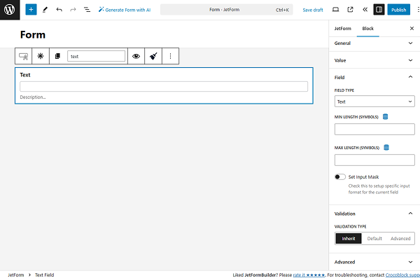 text field validation settings