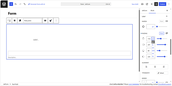 the individual padding settings of the text field label