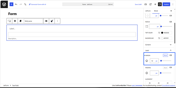 the margin settings of the text field label