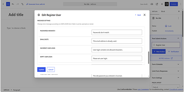the message settings fields