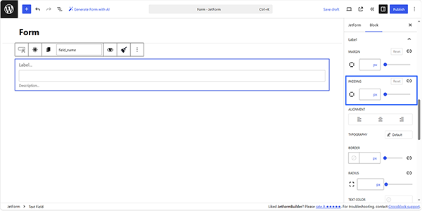 the padding settings of the text field label