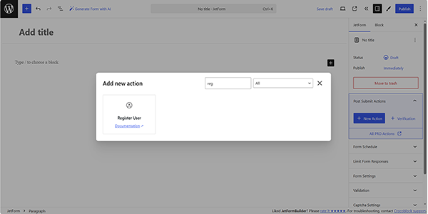the register user action selection
