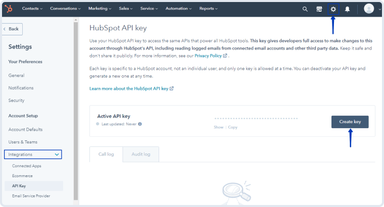 hubspot api key creation button