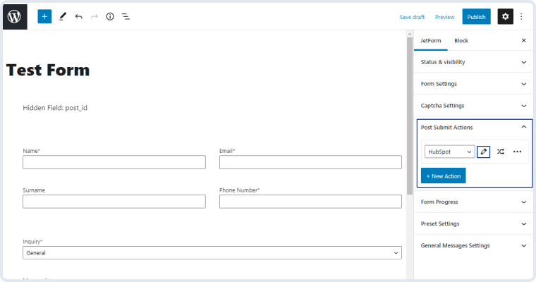 hubspot option in post submit actions