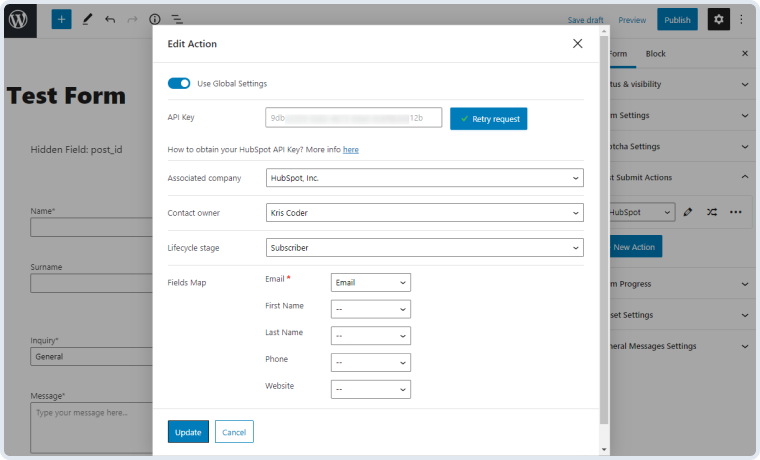 hubspot addon settings after key validation