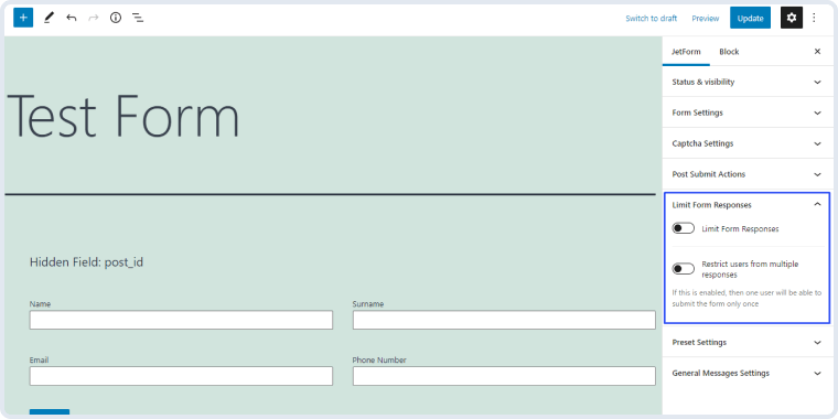 limit form responses section in the jetform tab