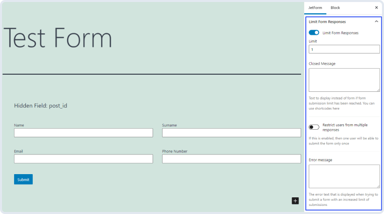 enabled limit form responses toggle