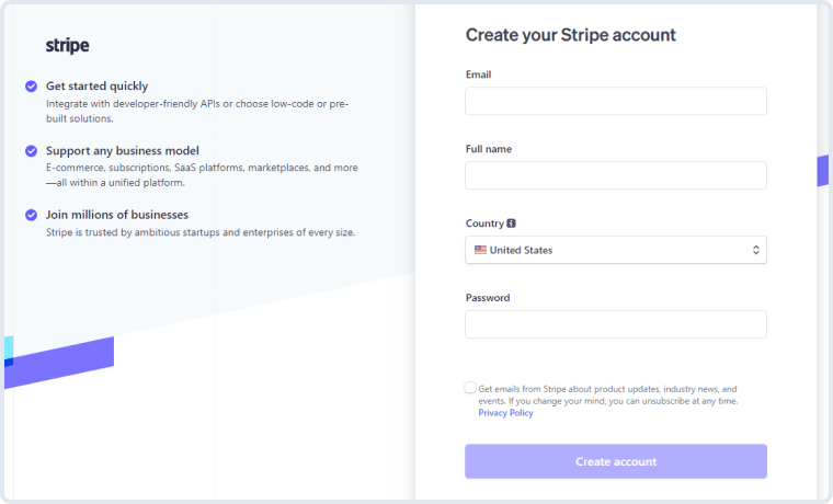 account creation form on stripe website