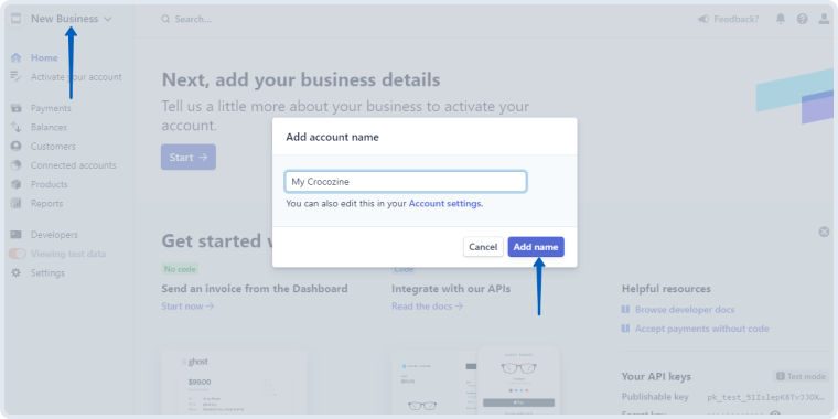 creating a new business on stripe website