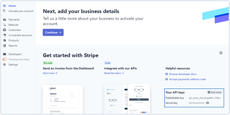 stripe api keys section