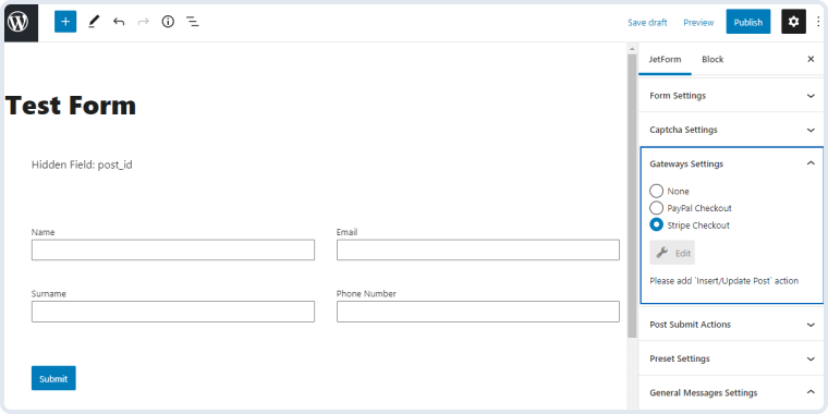 stripe checkout in the gateways settings section