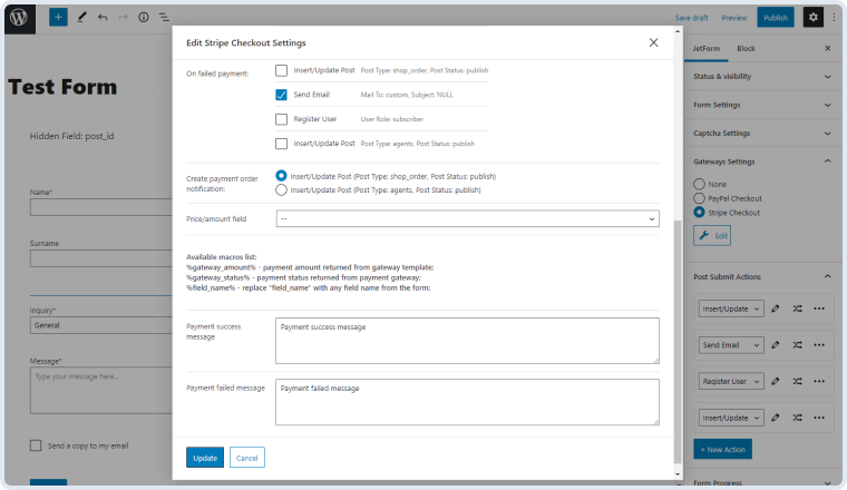 edit stripe checkout settings window