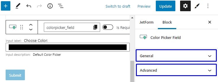 general and advanced color picker block settings